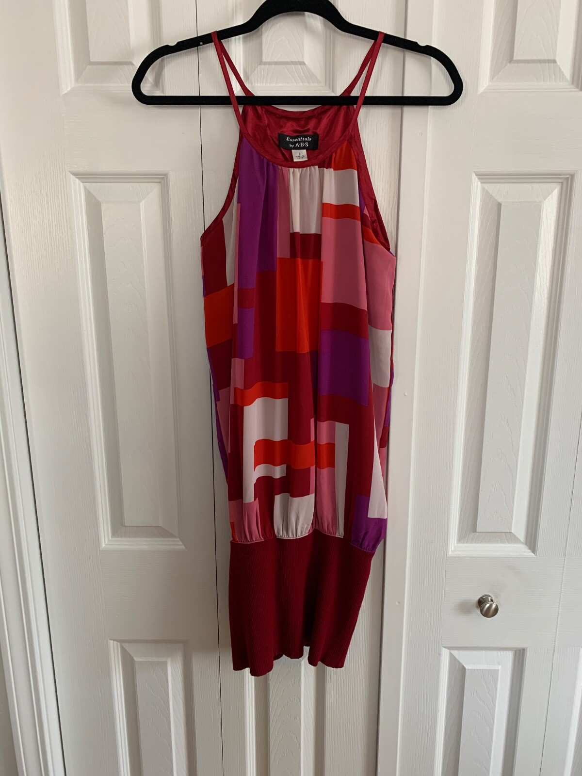 ABS tunic dress, NWT, Sz 8, geometric pattern, maroon, pink, purple halter style