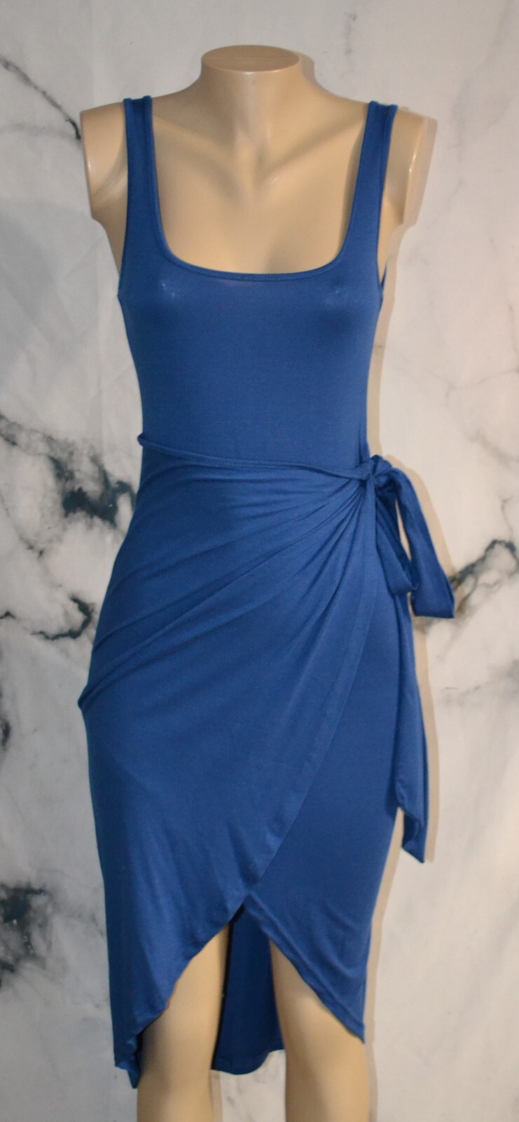 SHEIN Blue Sleeveless Partial Wrap Dress 4 100% Polyester Unlined Ties at Waist