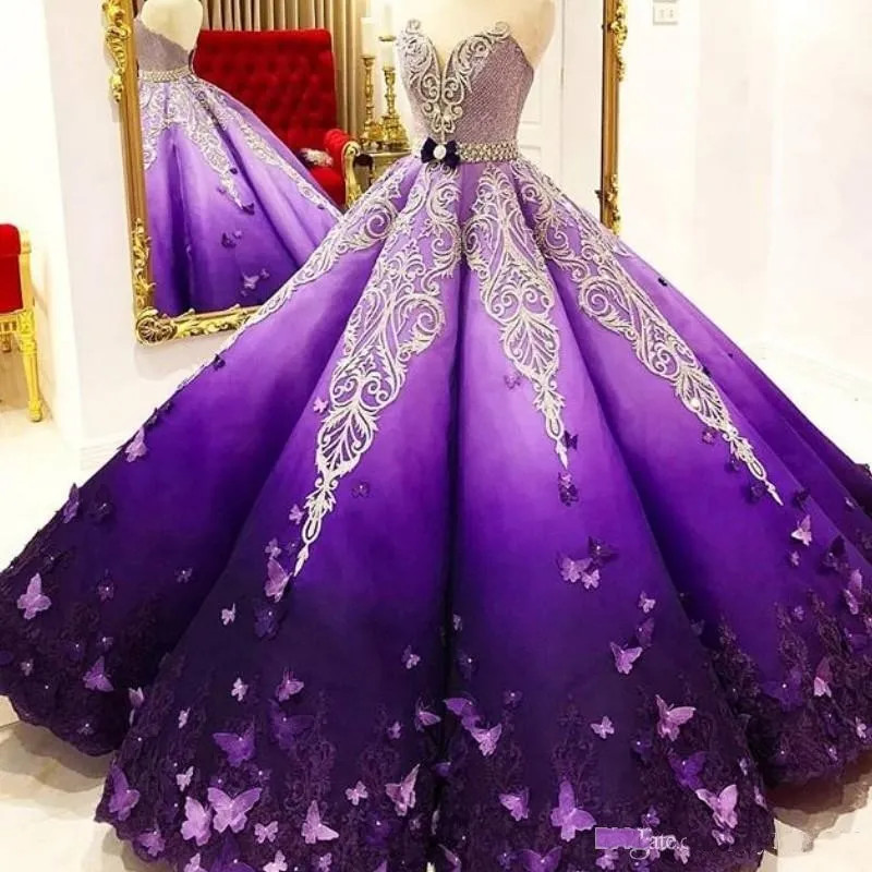 Princess Purple Quinceanera Dress Crystal Bead Butterfly Lace Decal Ball Gown