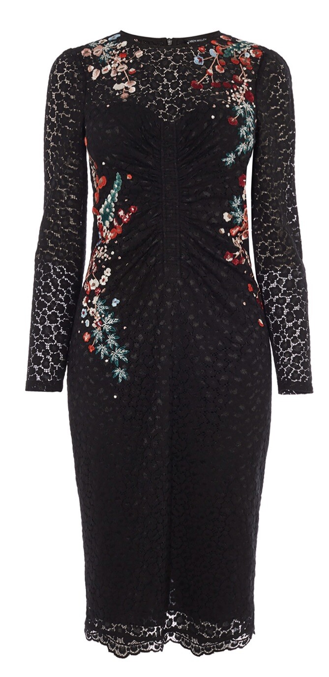 Karen Millen Japanese Floral Embroiderd Black Lace Pencil Dress Elegant $450 S 6