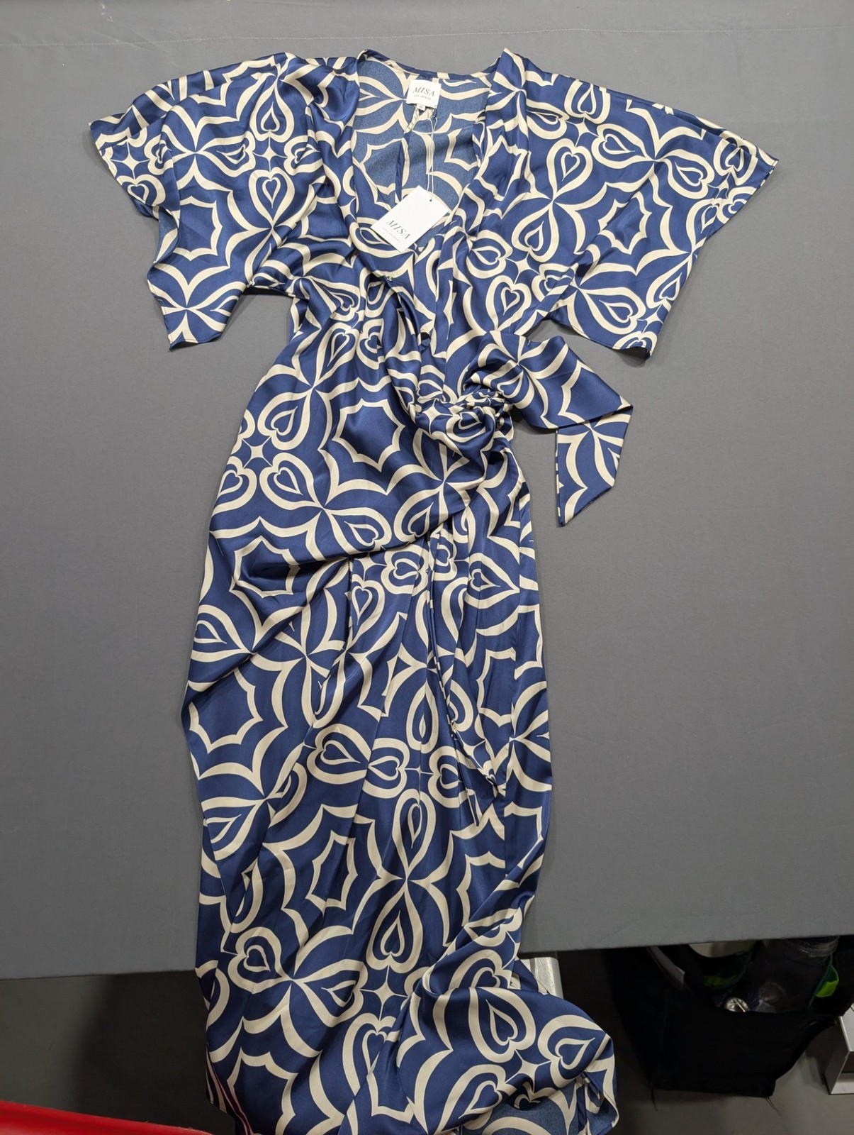 MISA Los Angeles Blue Floral Wrap Midi Dress Size M