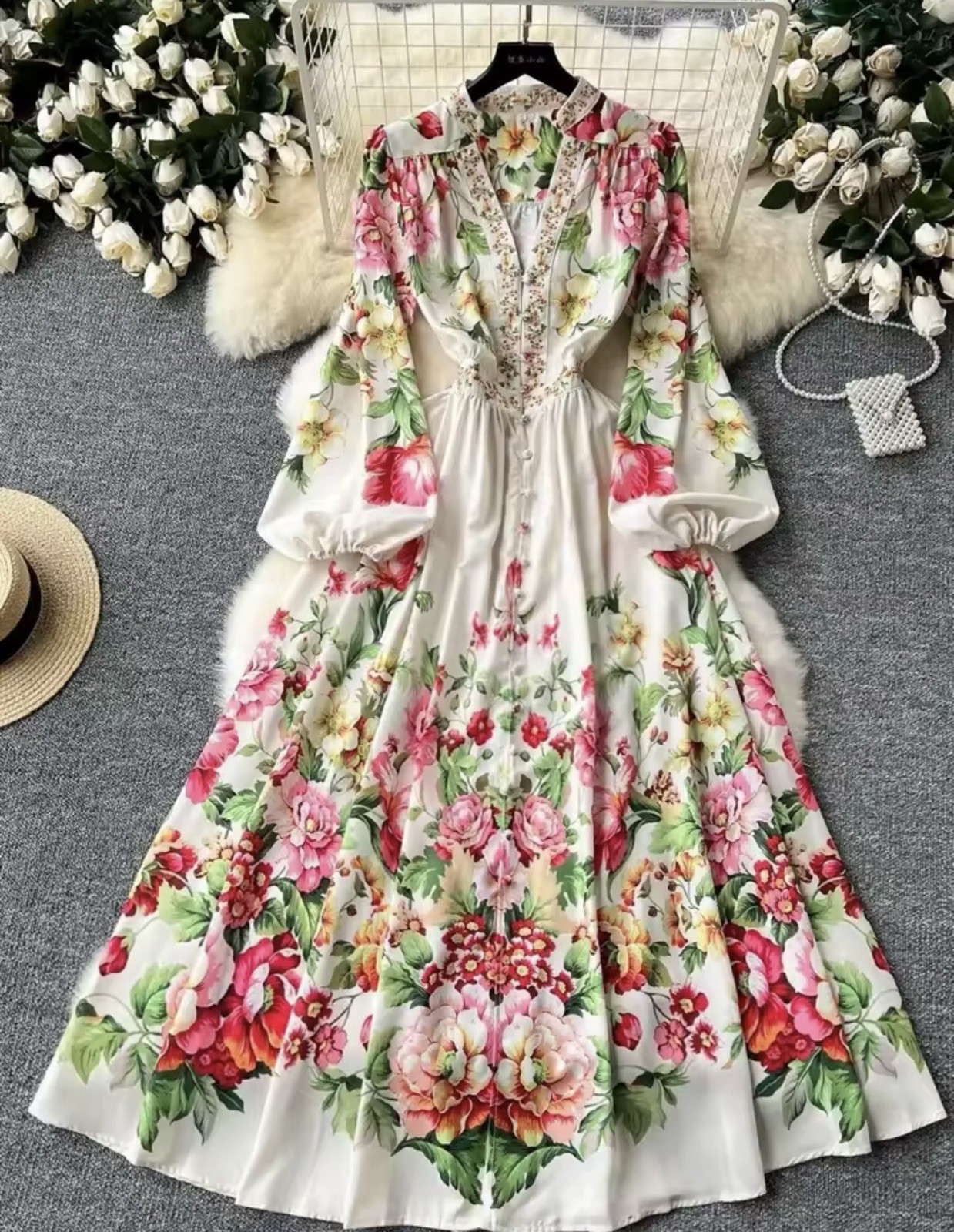 Women V Neck Lantern Sleeve Buttons High Elastic Waist Floral