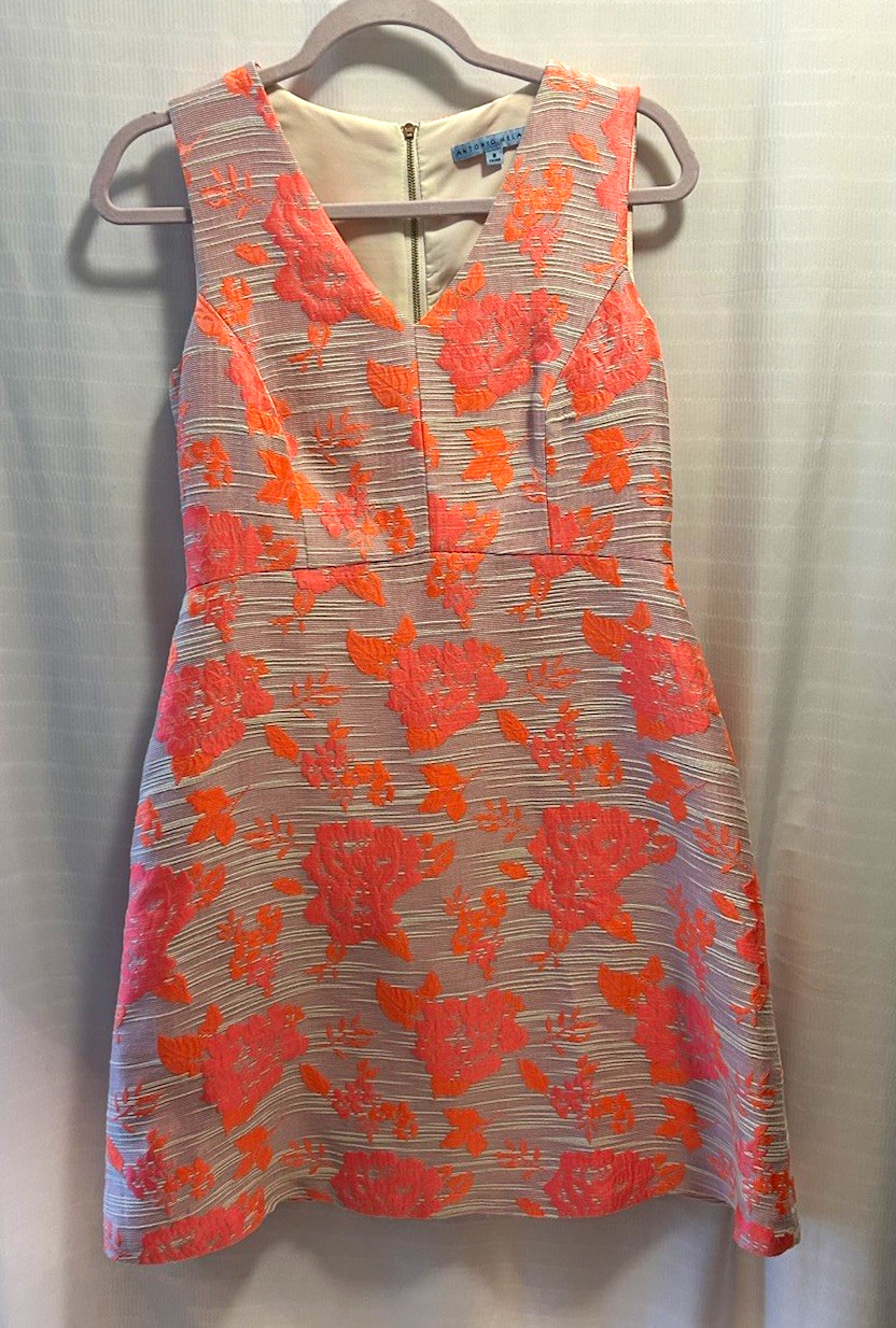 Antonio Melani Bright Orange/Pink Floral V-Neck Sleeveless Knee Dress SZ 8
