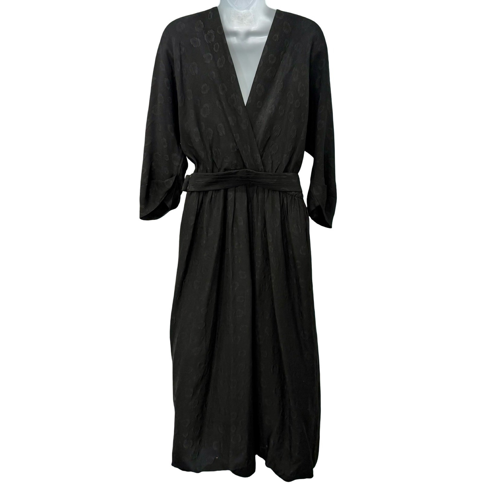 & Other Stories Black Burnout Silk Bracelet Sleeve Belted Midi Dress sz 36 / S