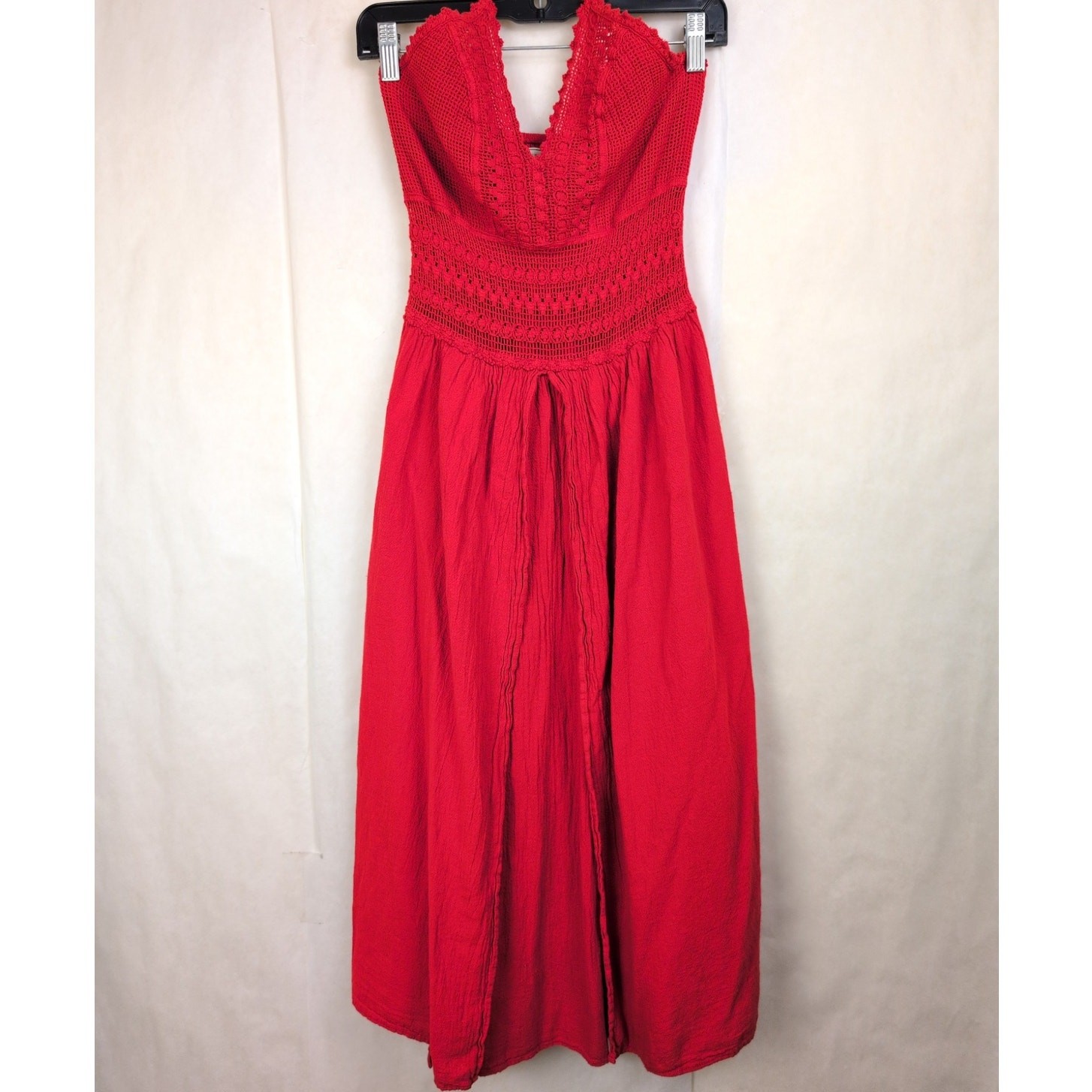 Seaspice red Peruvian cotton crocheted lace panel slit halter dress Size M Boho