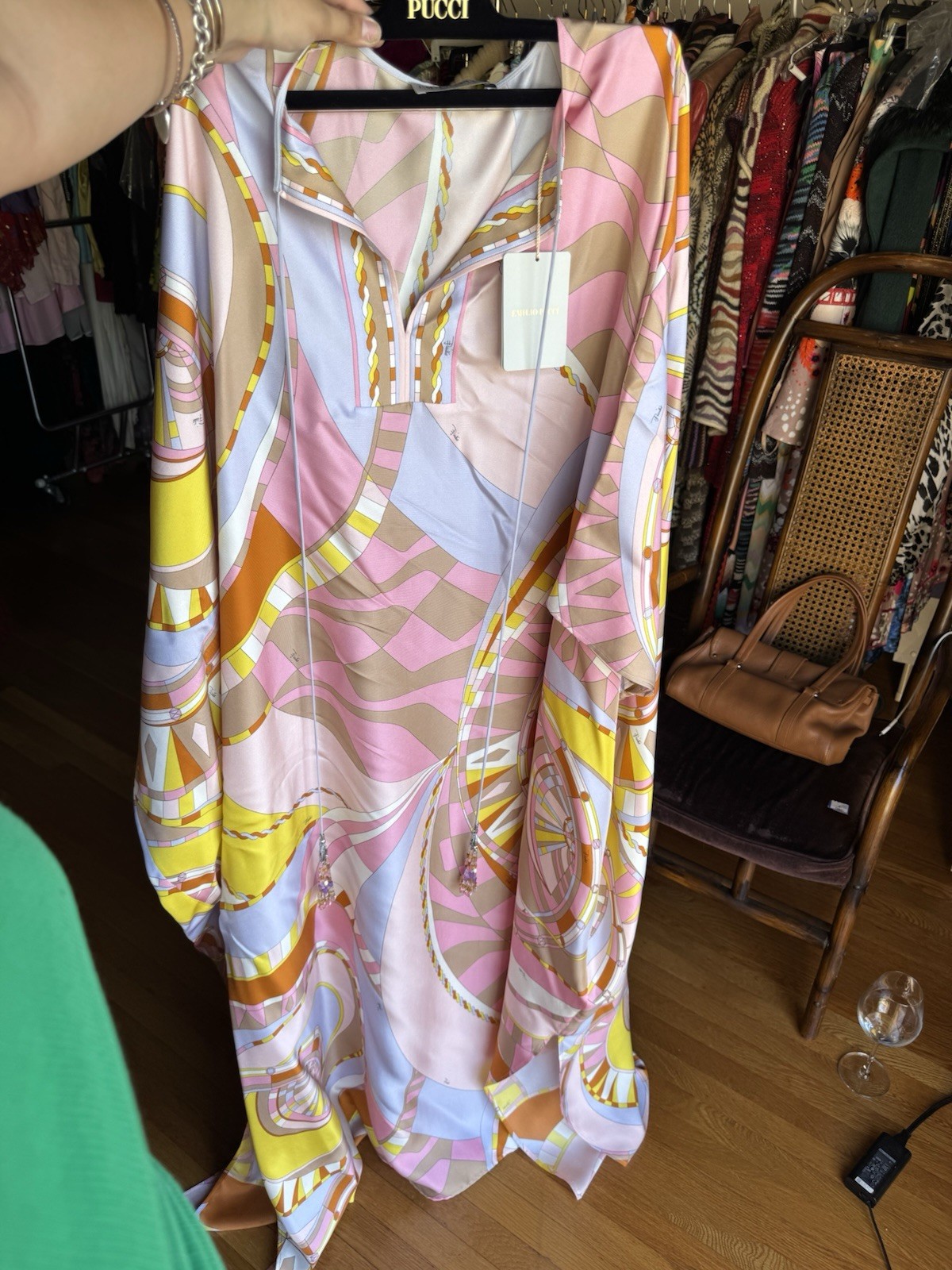 Emilio Pucci Geometric Print Silk Satin V-Neck Kaftan Maxi Dress T/U