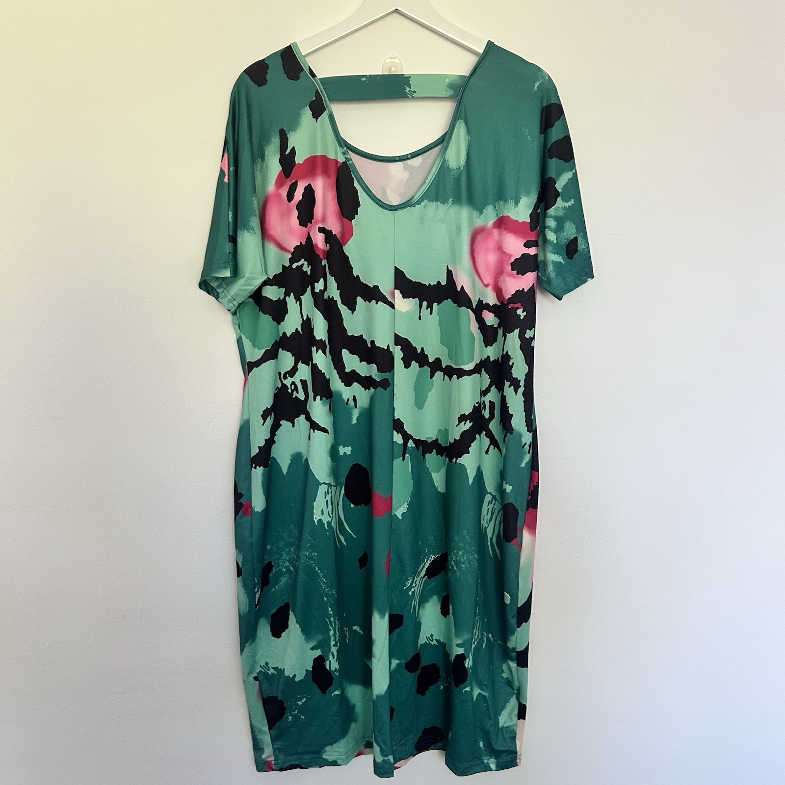 Summer Dress Womens One Size Pink Green 3/4 Sleeve Round Neck Midi Casual