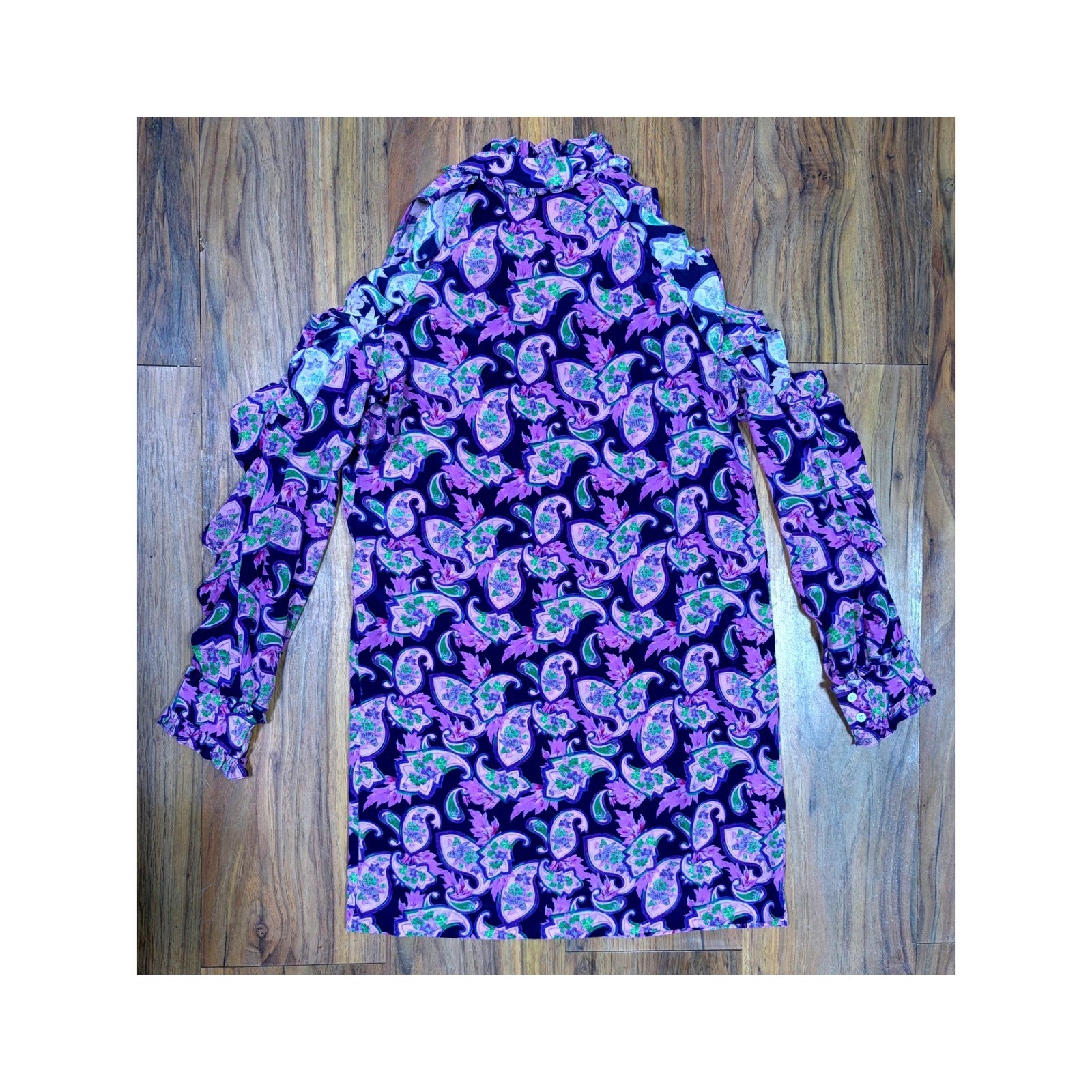 Sandro Silk Paisley Cold Shoulder Mini Dress Purple Green Ruffle Boho Shift