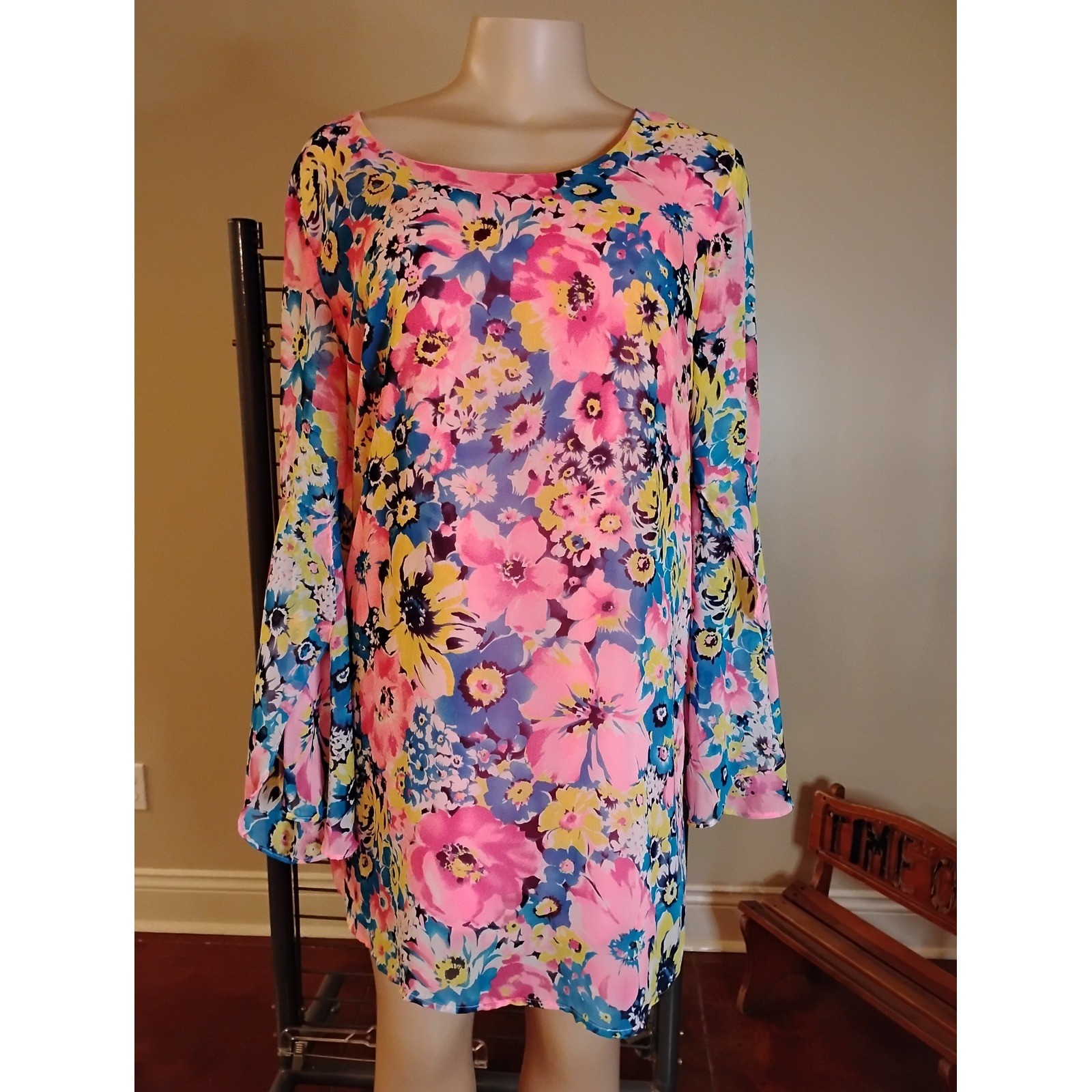 Love Culture Womens Floral Bell Sleeve Shift Dress Pink Blue Yellow MY84730-3 L