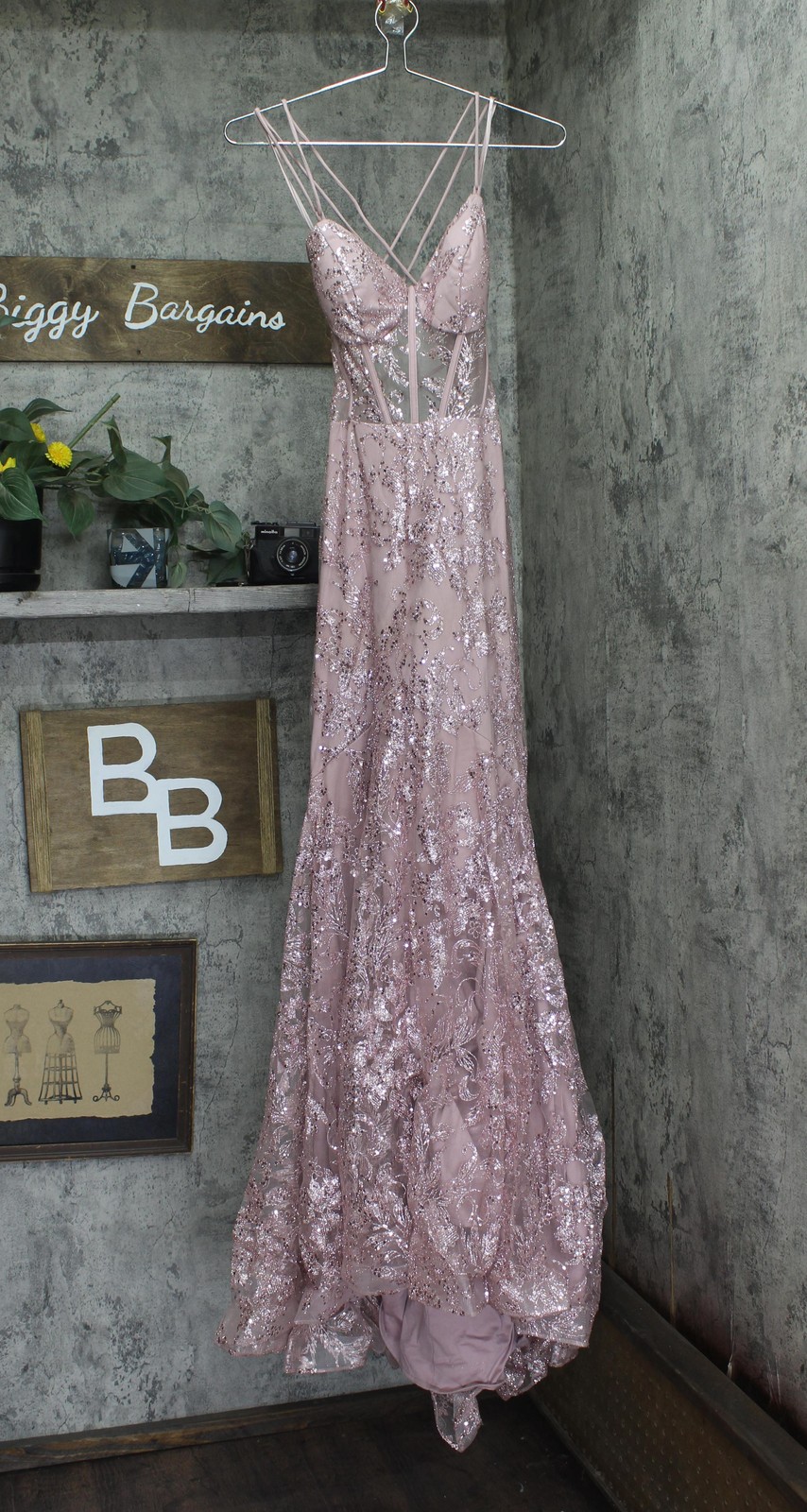 Blondie Nites Juniors Glitter Sequined Corset-Bodice Gown 3960BN Rose Pink 13