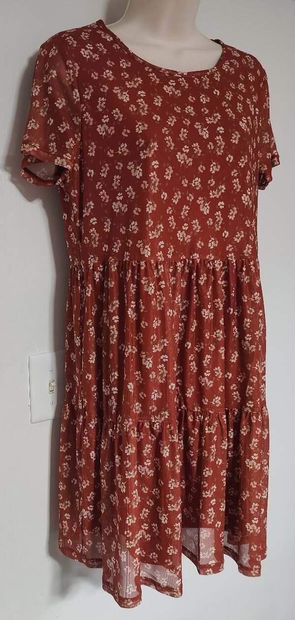 Love Fire Women’s Sz M Rust Tiered Peasant Dress Short Sleeve NEW Non Iron Wrink