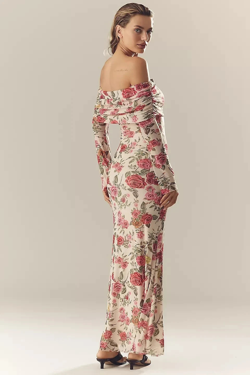 Anthropologie AFRM Off-The-Shoulder Maxi Dress Pink Roses Body-Con NWT