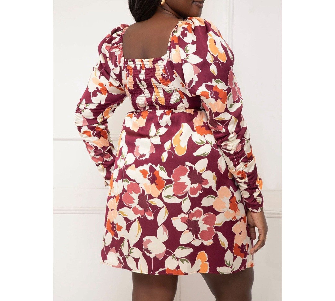 ELOQUII Elements Women’s Plus Size Ruched Sleeve Mini Dress Size 18 Fall Blooms
