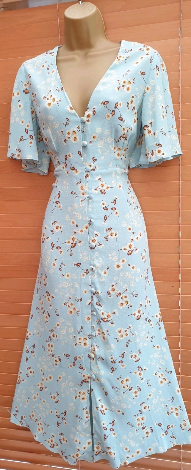 Vintage 1930s 1940s Style Turquoise Aqua Daisy Floral Midi Summer Dress Size 14