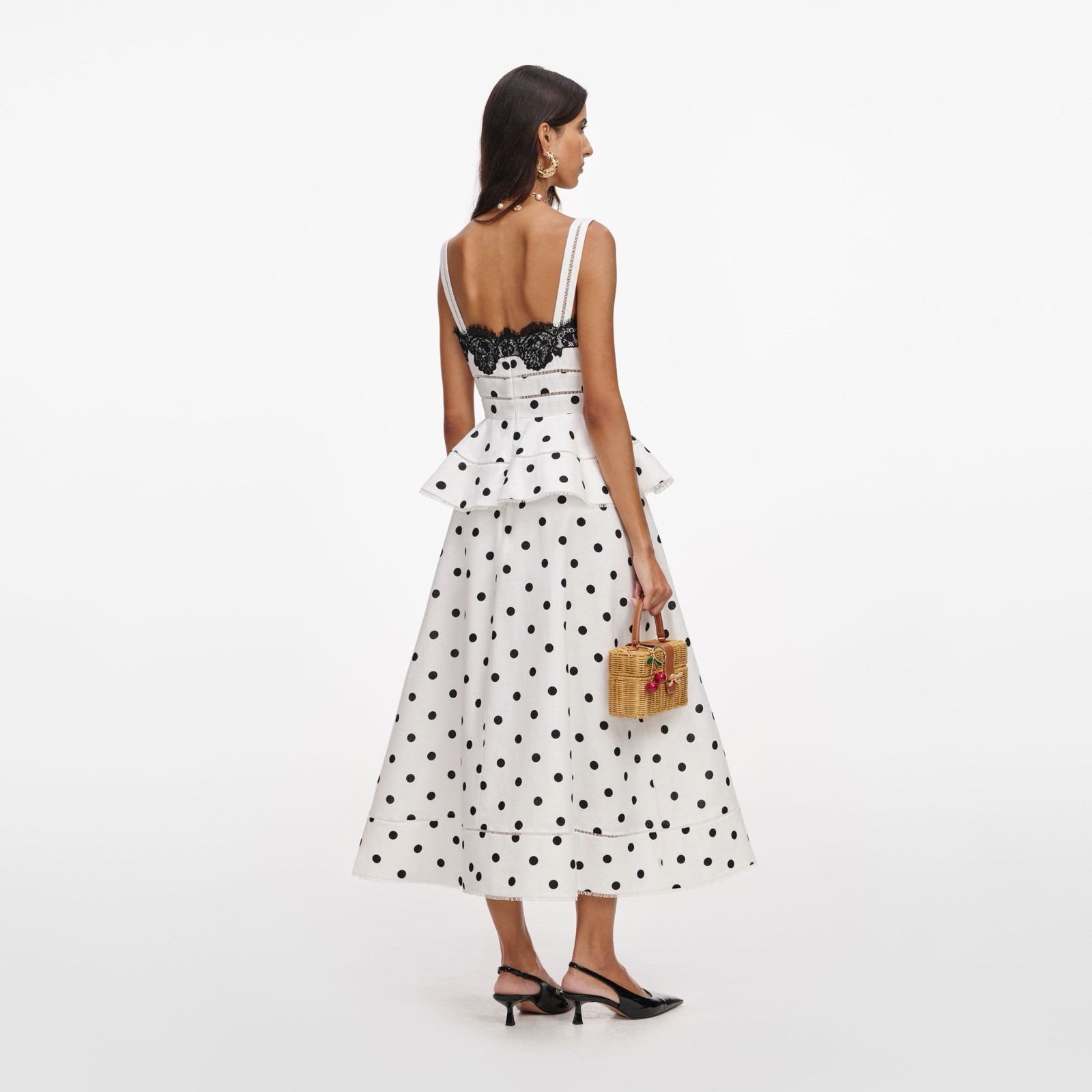 Self Portrait WHITE POLKA DOT LINEN MIDI DRESS