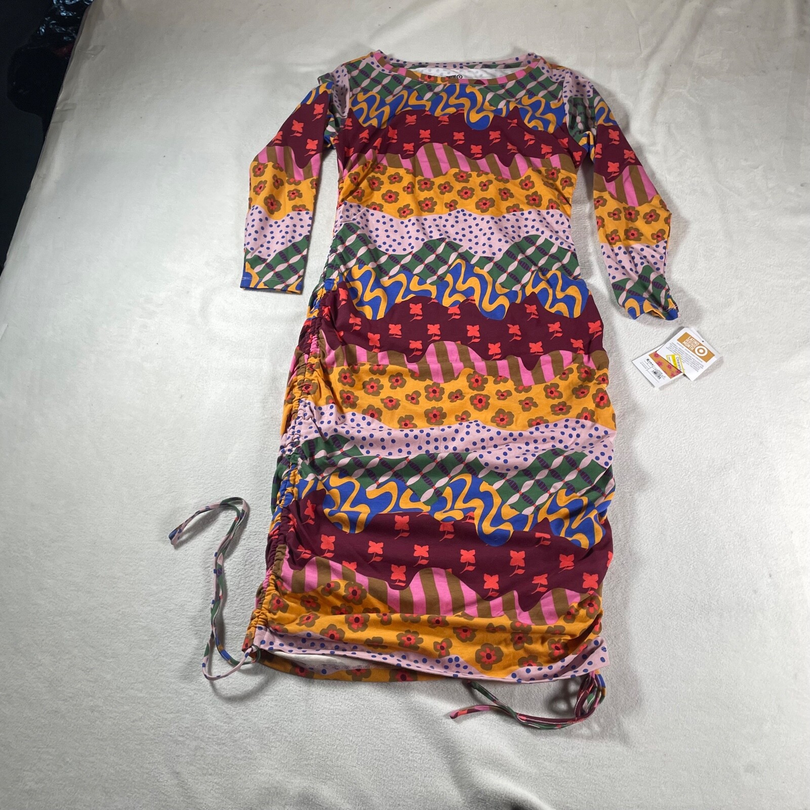 Aztec Dress Womens Midi Large Yellow Rainbow Latino Boho Hippie Southwest New