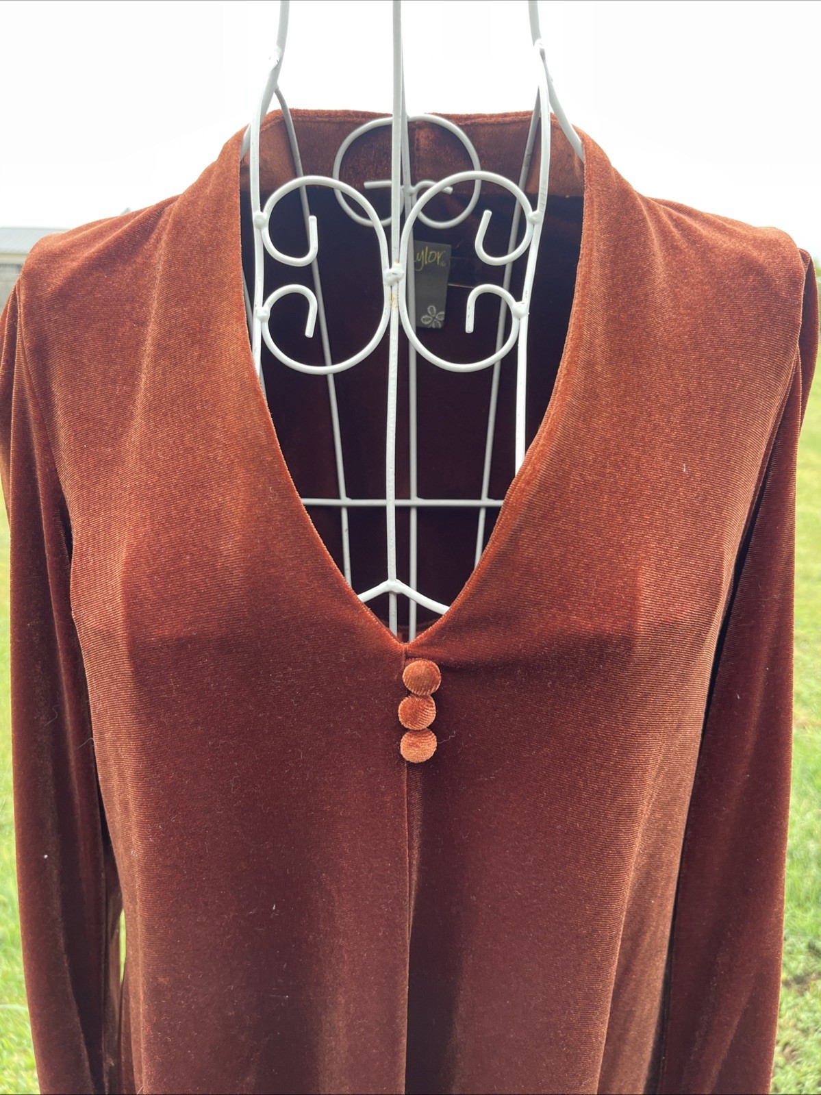 Taylor Velvet Trapeze Dress Rust Copper Long Sleeve Ruffle Hem Mini Boho S