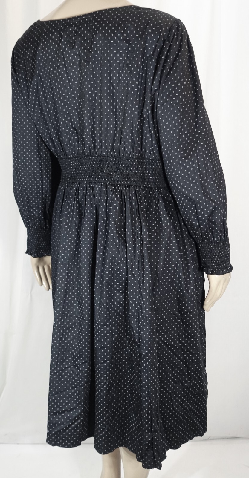 eShakti CUSTOM~MINT!!~BLACK W/WHITE PRINT COTTON RUCHED WAIST DRESS SZ:32W TALL