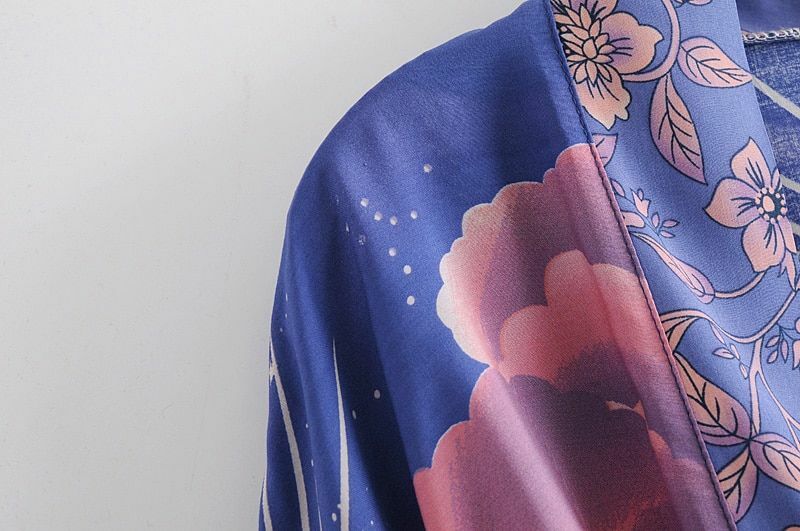 Pink Purple Floral Moon Sky Cloud Print Boho Short Kimono Batwing Sleeve Robe