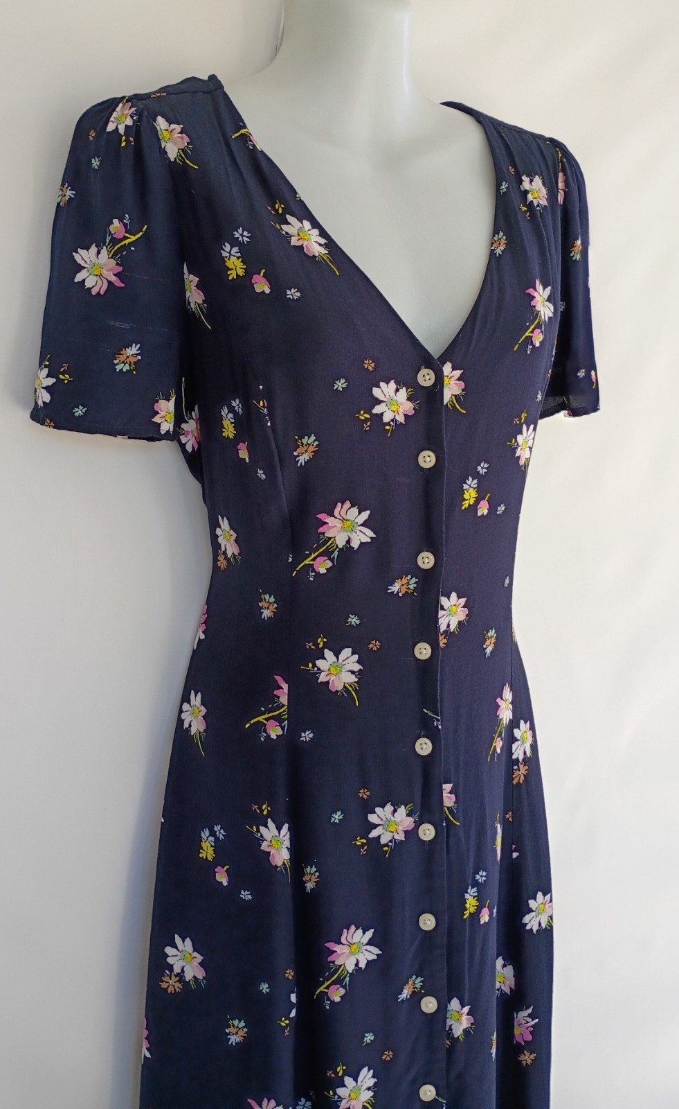 Vintage 90s GAP Button Front Navy Blue Floral Daisy Midi Dress Whimsigoth XS 2