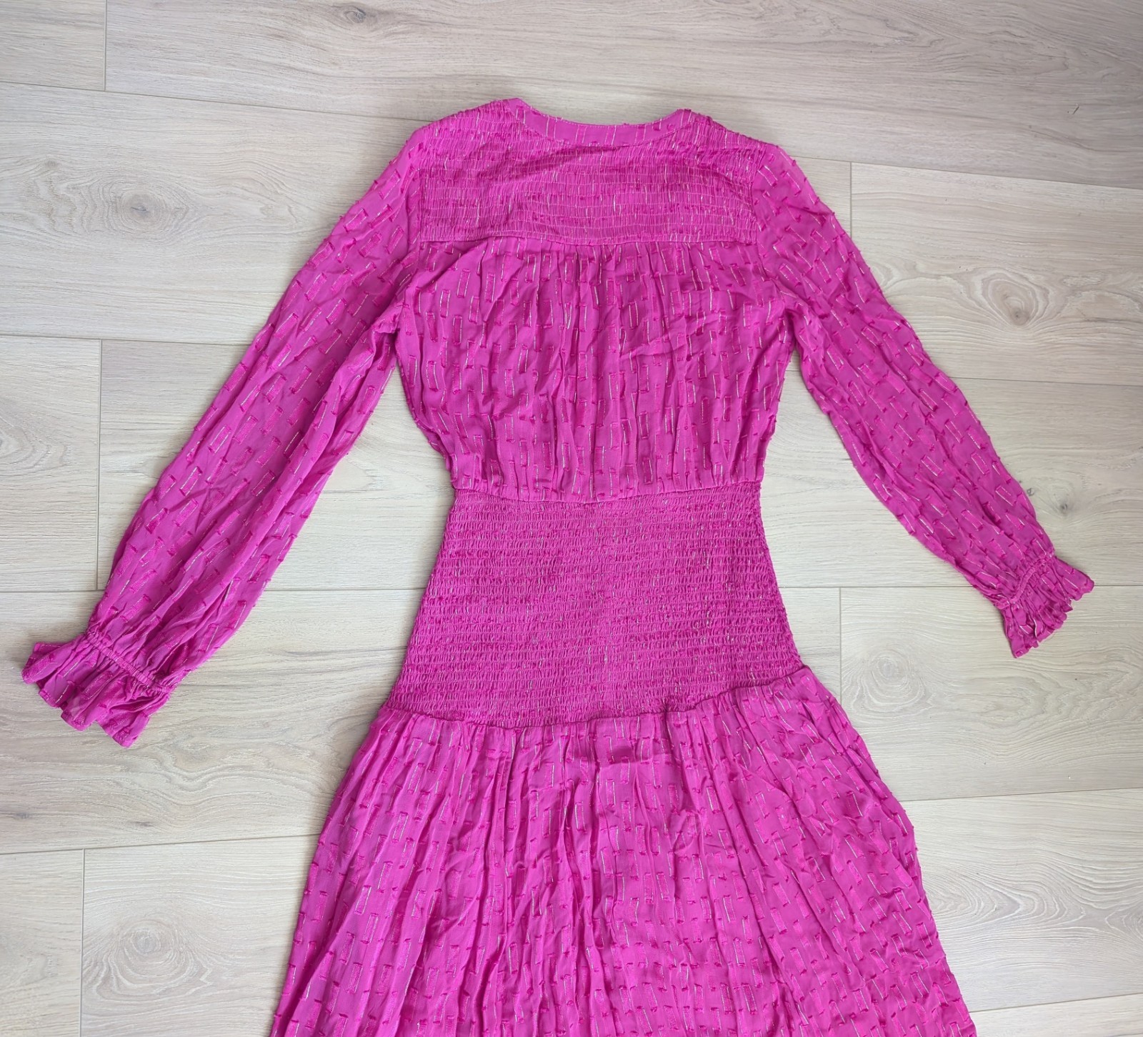 Anthropologie Smocked Long Sleeved Ruched Maxi Dress in Fuchsia Pink Size XS