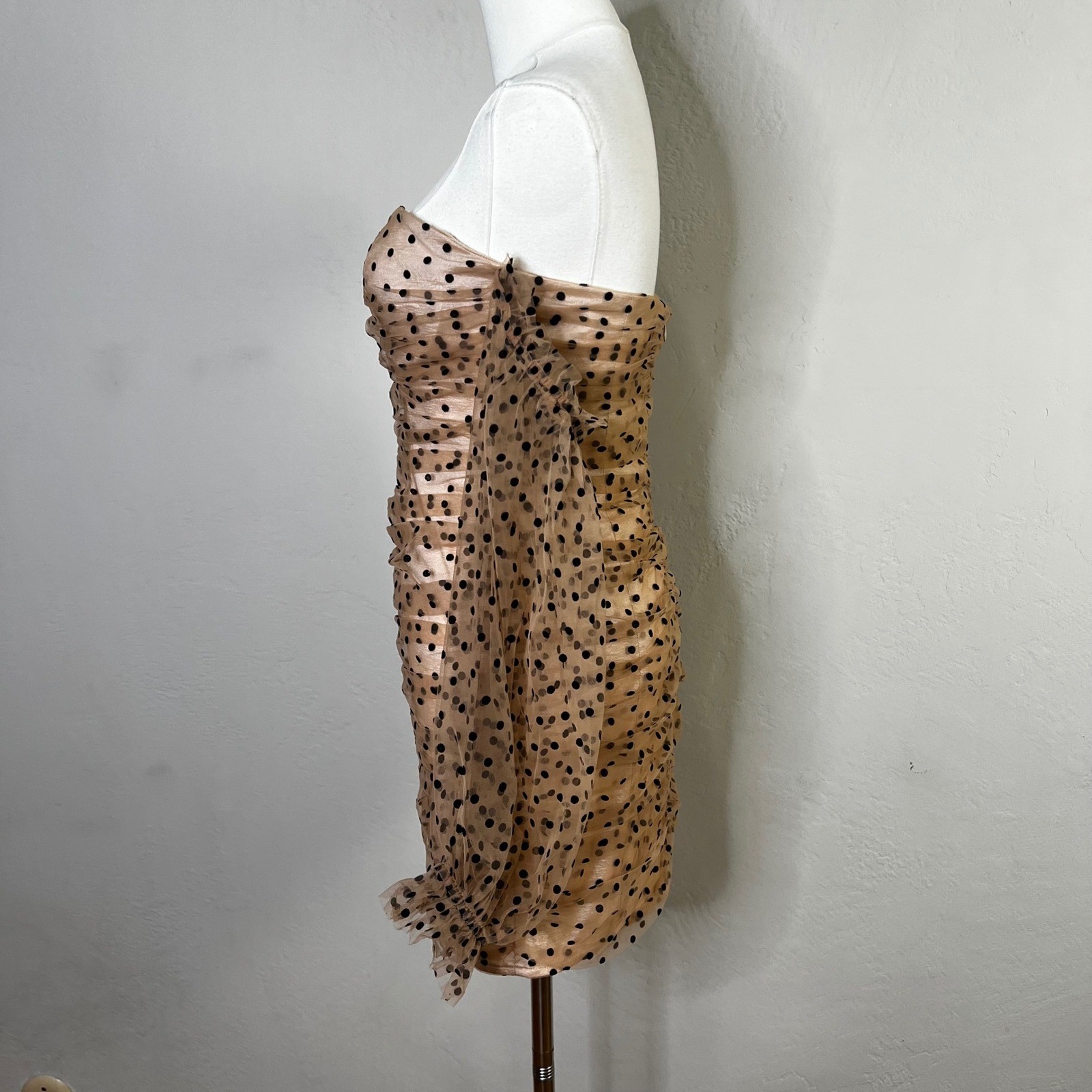 MAJORELLE Secrets Polka Dot Mesh Ruched Off Shoulder Mini Dress Strapless Size S