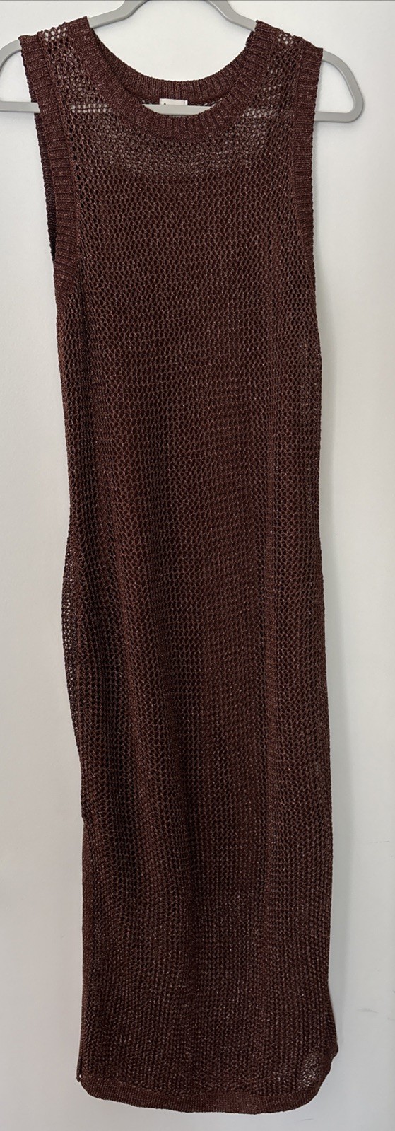 A New Day M Brown Maxi Tank Dress Crochet Over Slip Bronze Metallic Crew Neck
