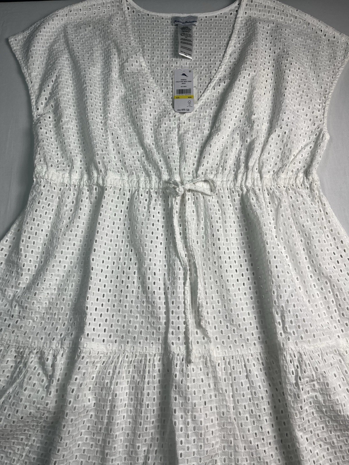 Tommy Bahama White Cotton Eyelet V-Neck Cap Sleeve Tie Waist Dress M *STAIN*