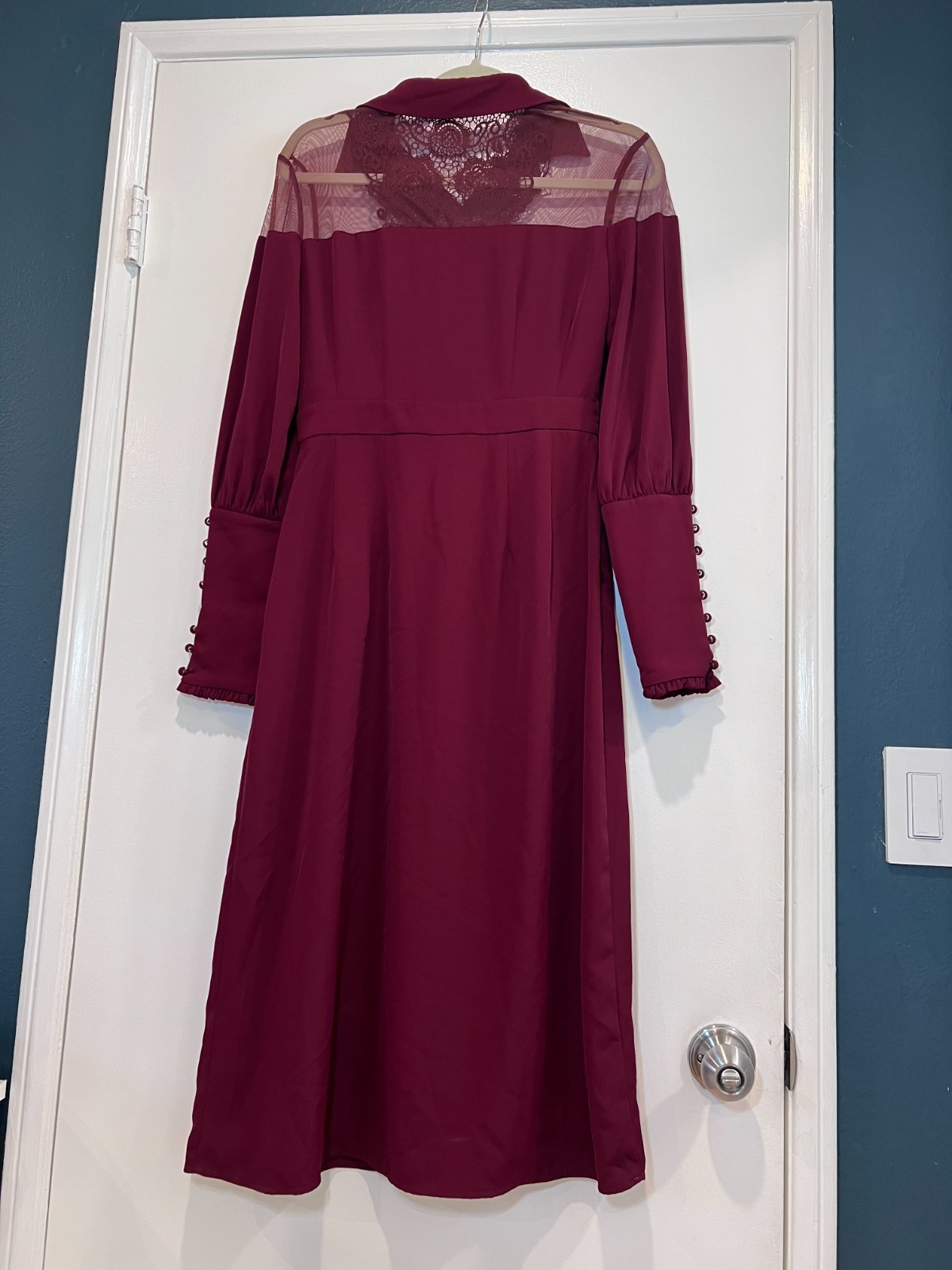 D-Harry Burgundy Lace Mesh Panel Maxi Dress Size Medium Long Sleeve Button Cuff