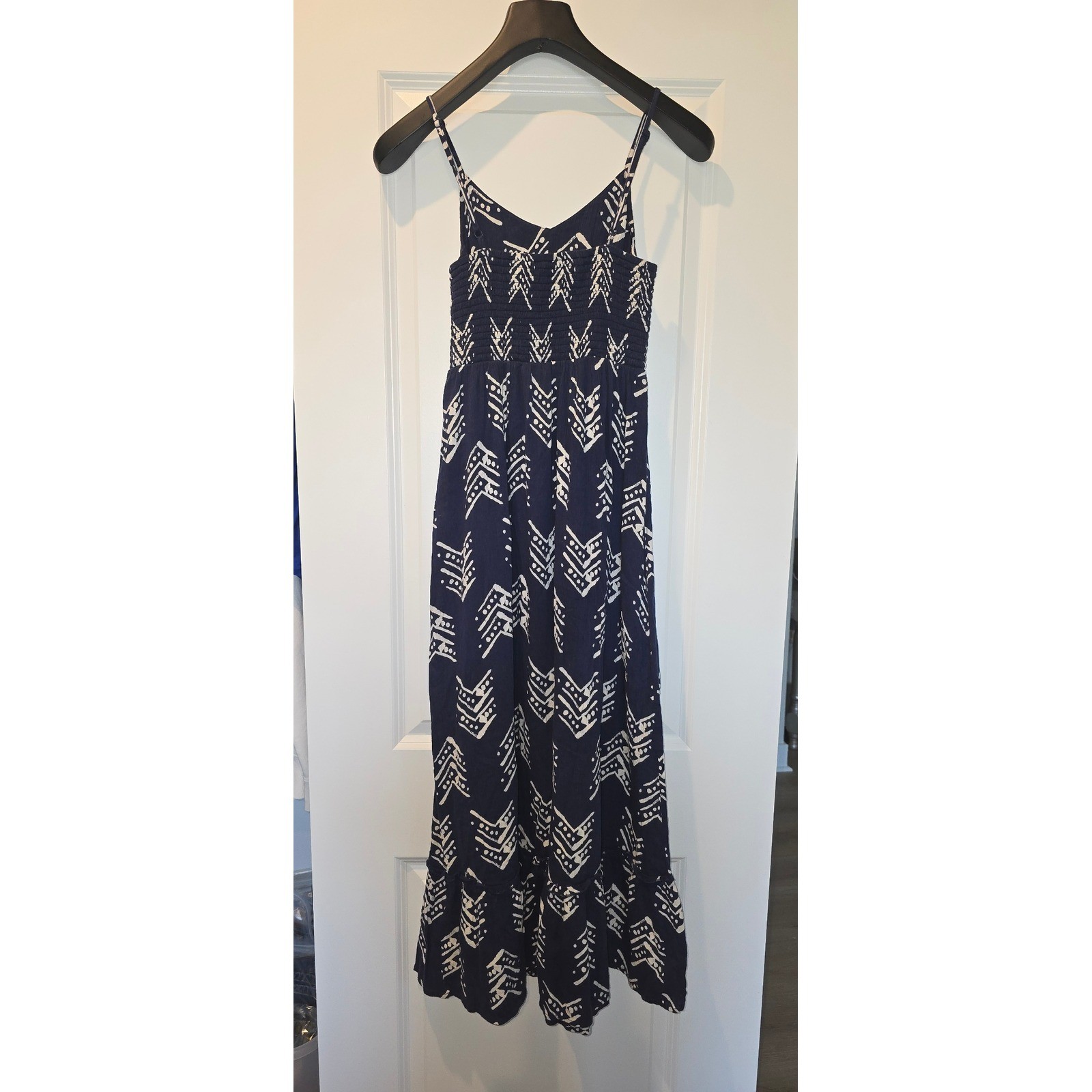 Aerie Womens Navy Blue White Geometric Print Cutout Smocked Maxi Dress XS cotton