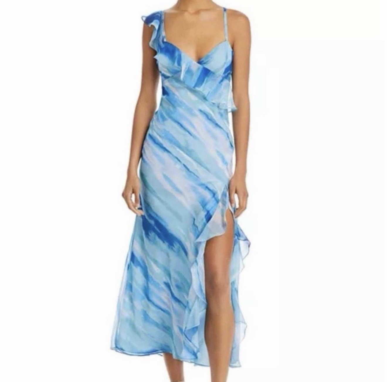 AQUA Blue Watercolor One Shoulder Ruffle Midi Dress Medium