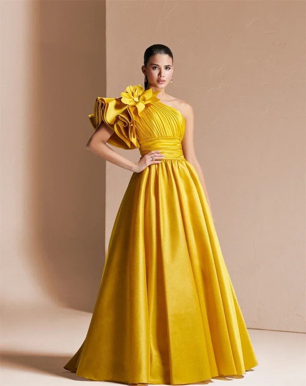 Pleat Draped Flower Ruched A-line One-shoulder Long Dresses Evening Dresses