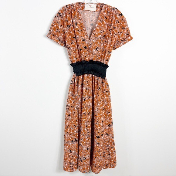 Cedric Charlier Floral Matte Satin Belted Crepe Midi Dress Size 4 Rust Orange