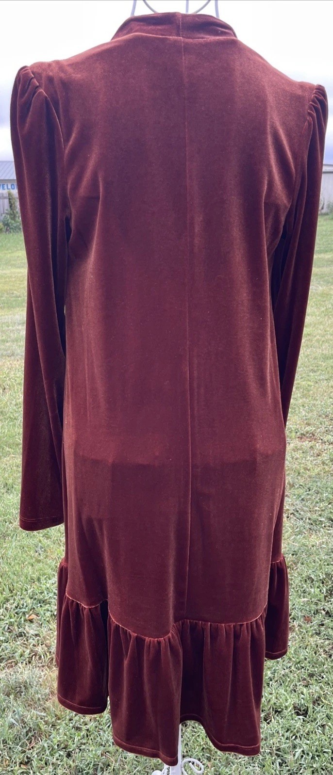 Taylor Velvet Trapeze Dress Rust Copper Long Sleeve Ruffle Hem Mini Boho S