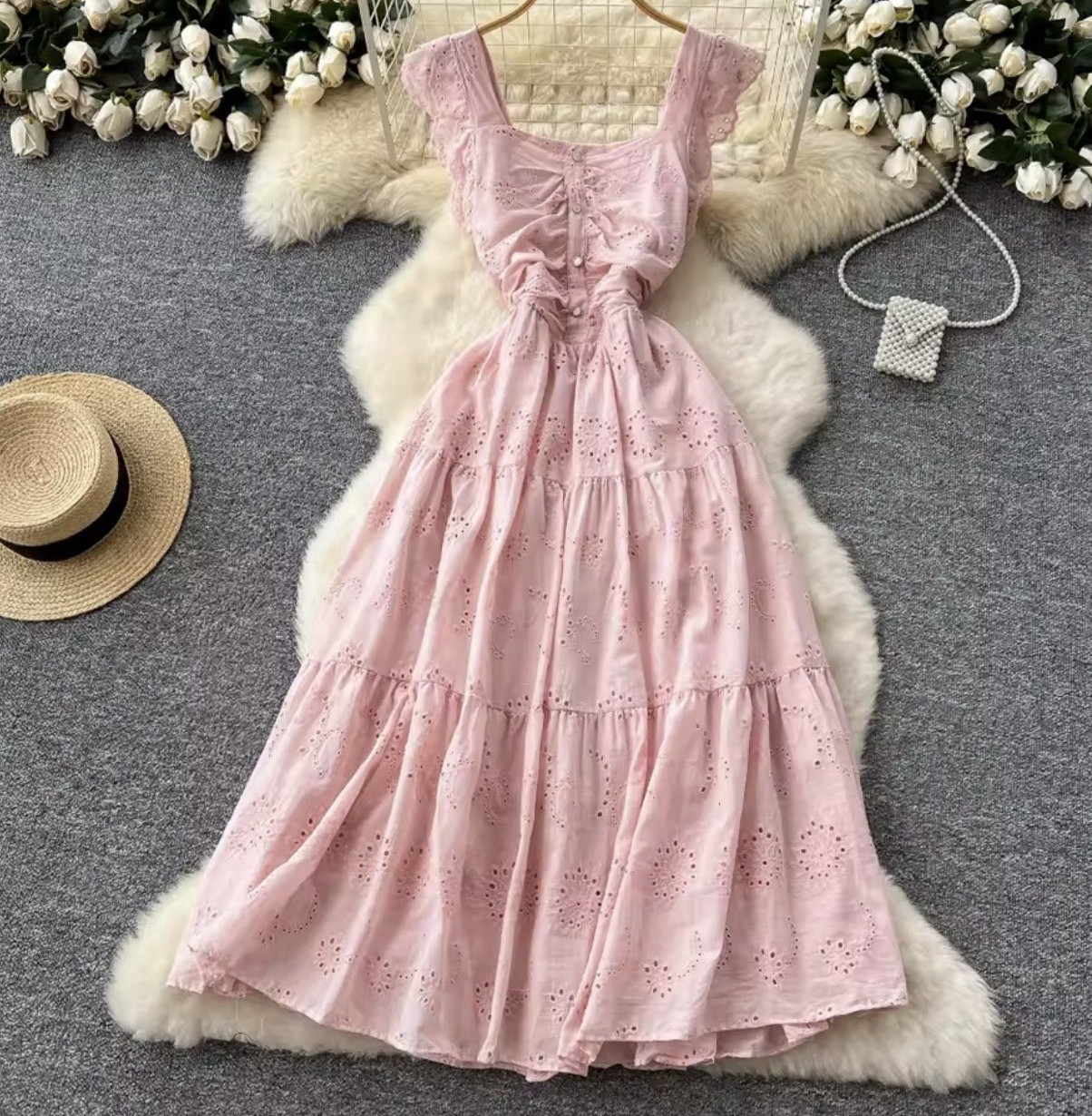 Women’s Pink Eyelet Cotton Tiered Midi Sundress Square Neck Button Front OS