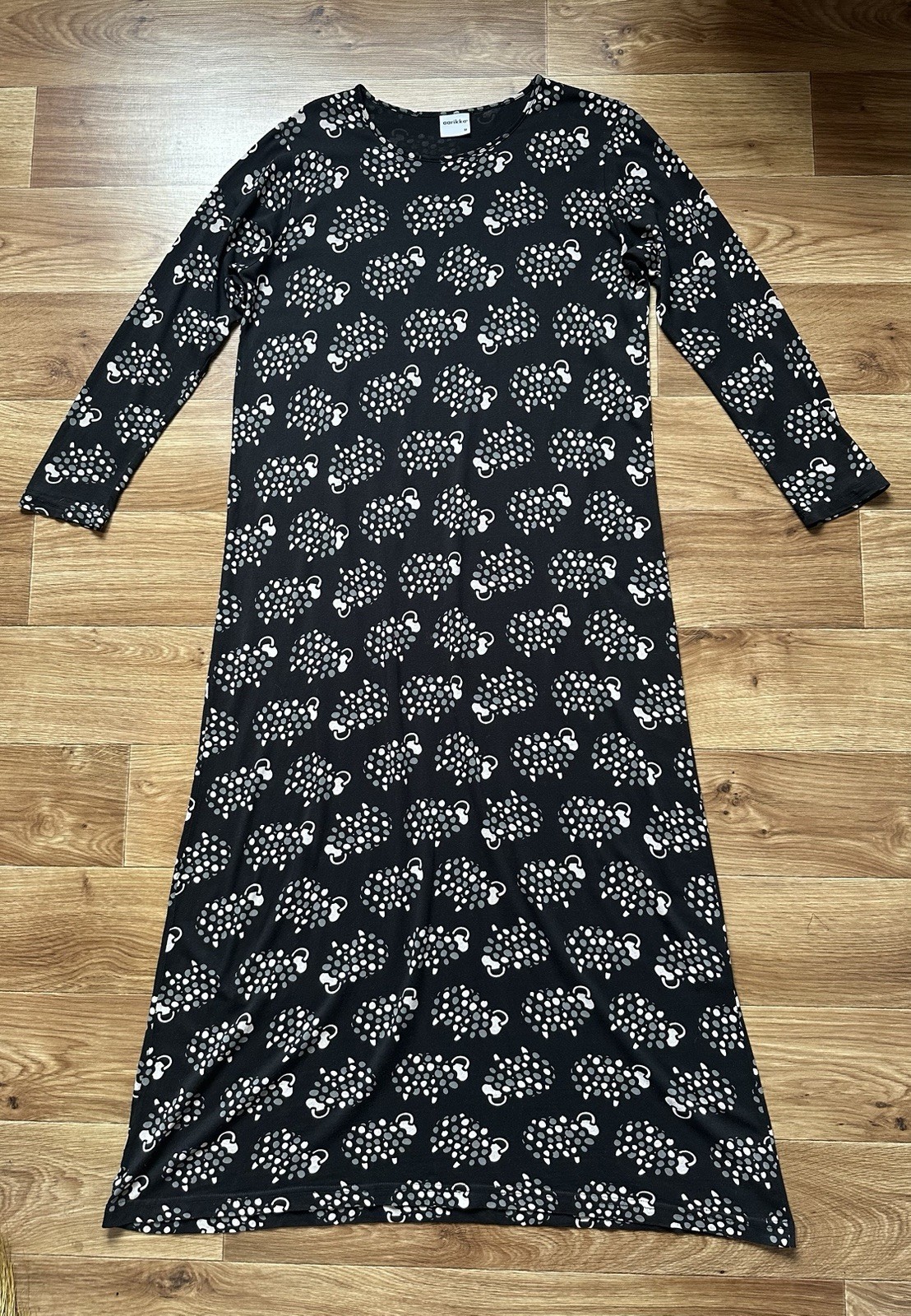 Aarikka Finland Black Sheep Print Long Sleeve Maxi Dress Cotton Modal M Excellen