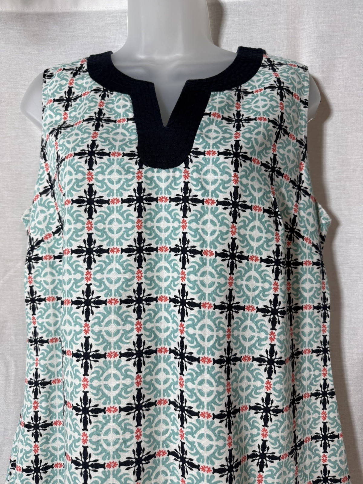 Talbots Linen Blend Sleeveless Shift Dress Geometric Teal Blue Womens Size 10