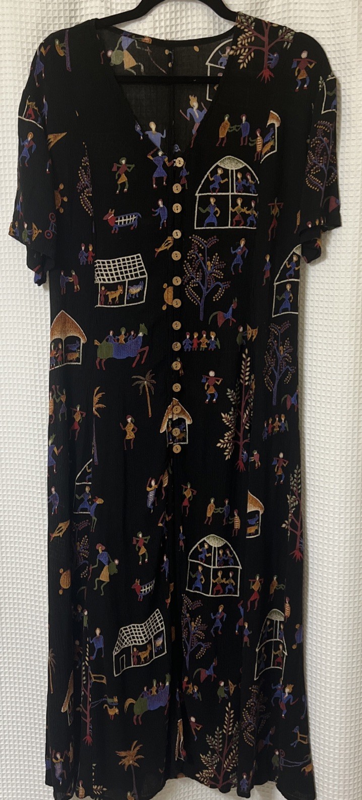 Vintage Black Maxi Dress SZ L Crinkle A Line Artsy Boho Hippie 90s Folk Art