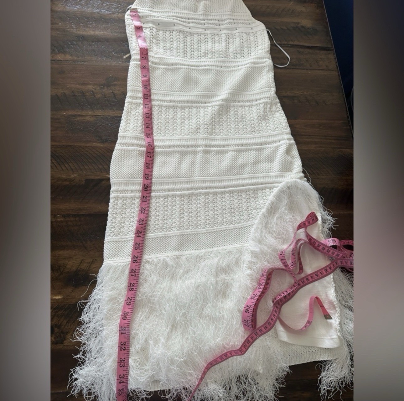 Torn by Ronny Kobo Yuna White Knit Fringe Asymmetric Midi Dress Size Large NWT