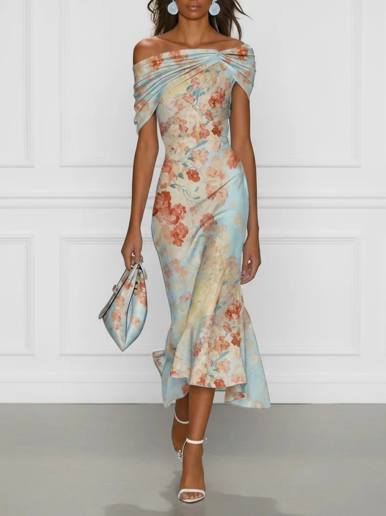 Digital Print Off-Shoulder Short Sleeve Floral Elegant Long Dress