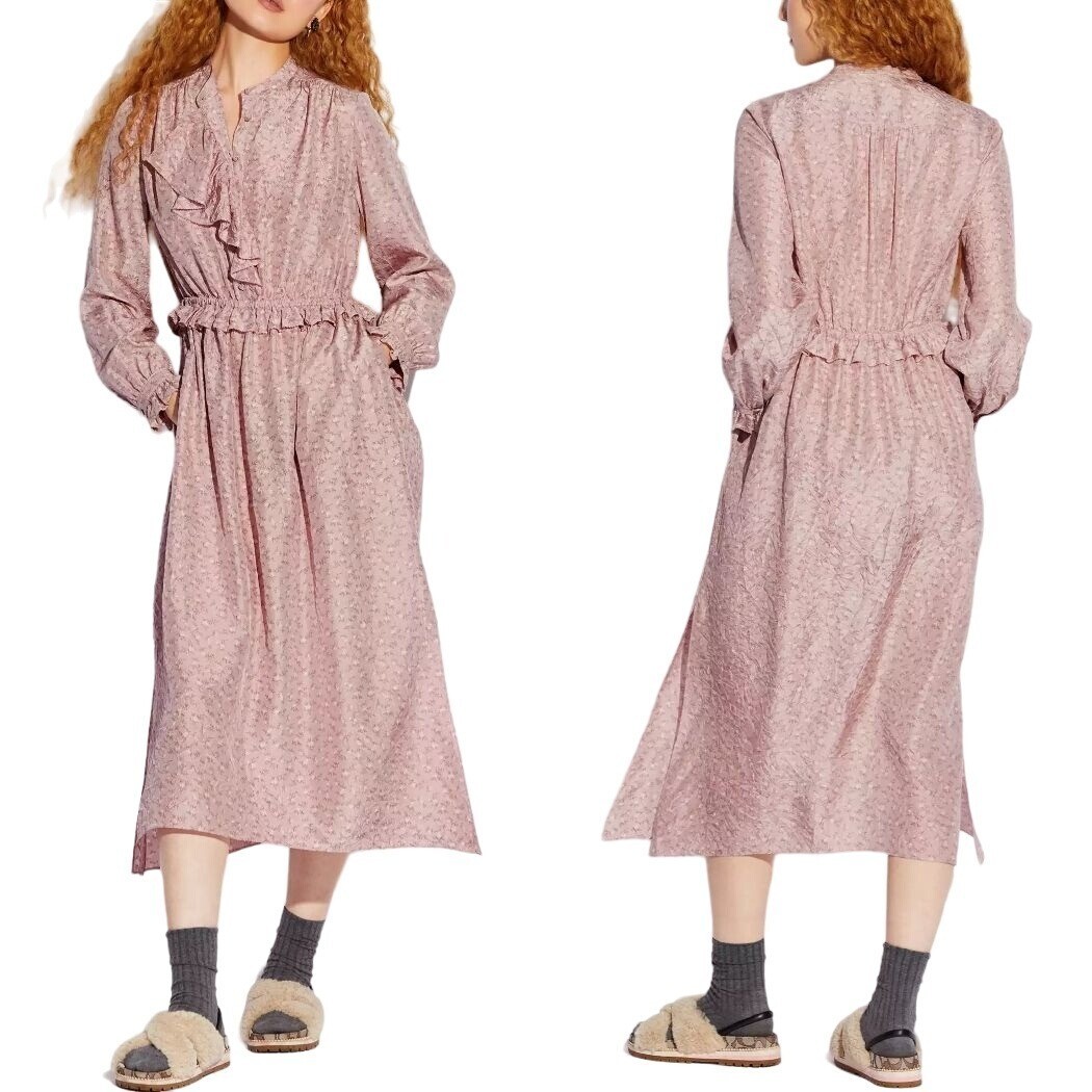 Coach Dress Women 10 Pink Silk Floral Pleated Yoke Midi Boho Prairie Cottagecore