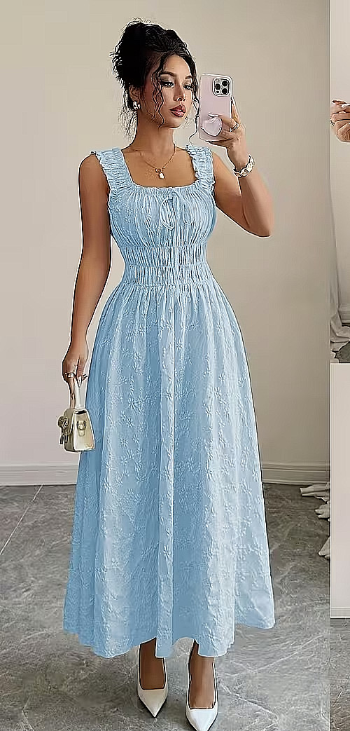 Textured Floral Spaghetti Strap Bow Dress Elegant Versatile