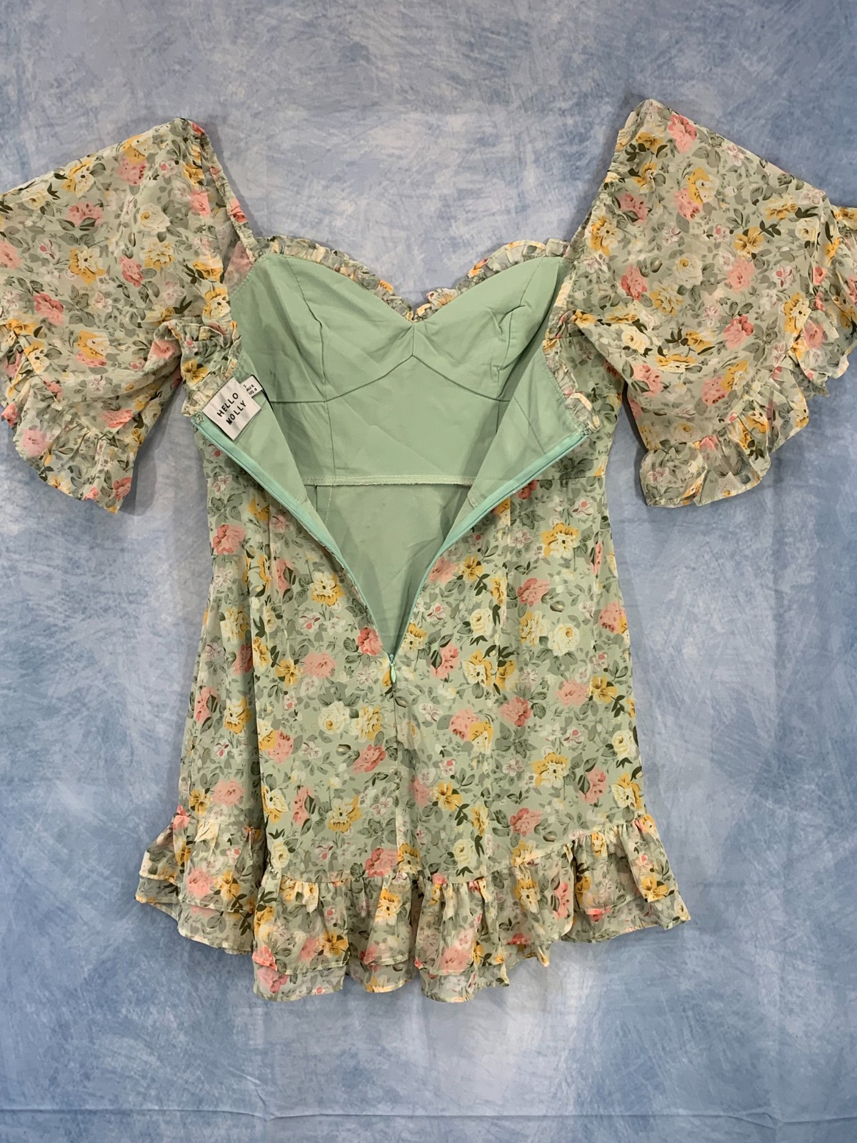 NWT Hello Molly Greenfloral-S Halter Bustier A Line Mini Dress