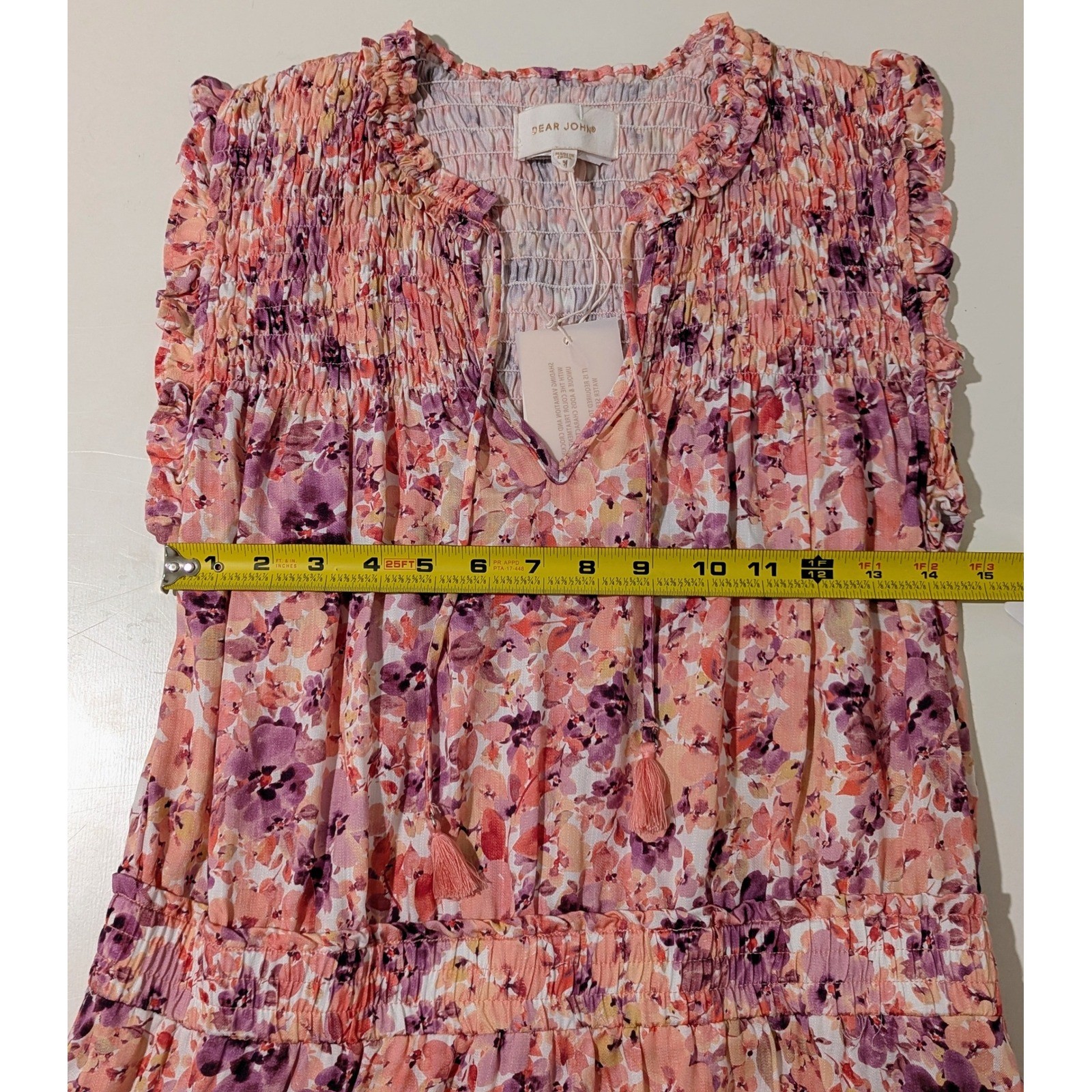 Dear John Floral Tencel Smocked Tiered Mini Dress Pink Purple Floral NWT Size M