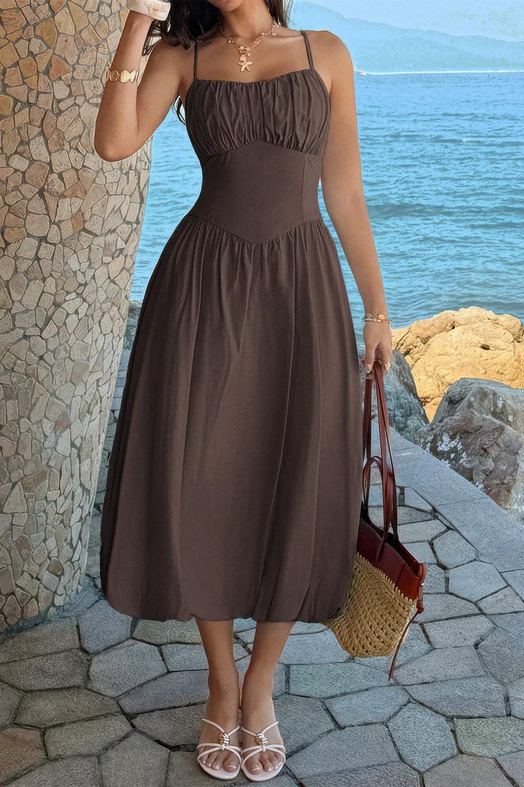 Women’s Square Neck Sleeveless Ruched Bust A-Line Midi Dress Open Back