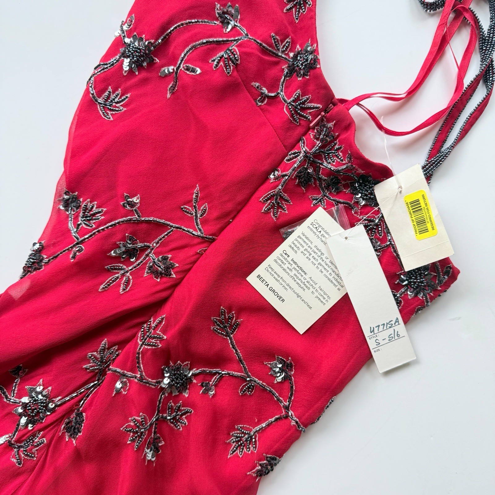 NWT Vintage Scala 1990s Red Silk One Shoulder Beaded Asymmetrical Midi Dress S