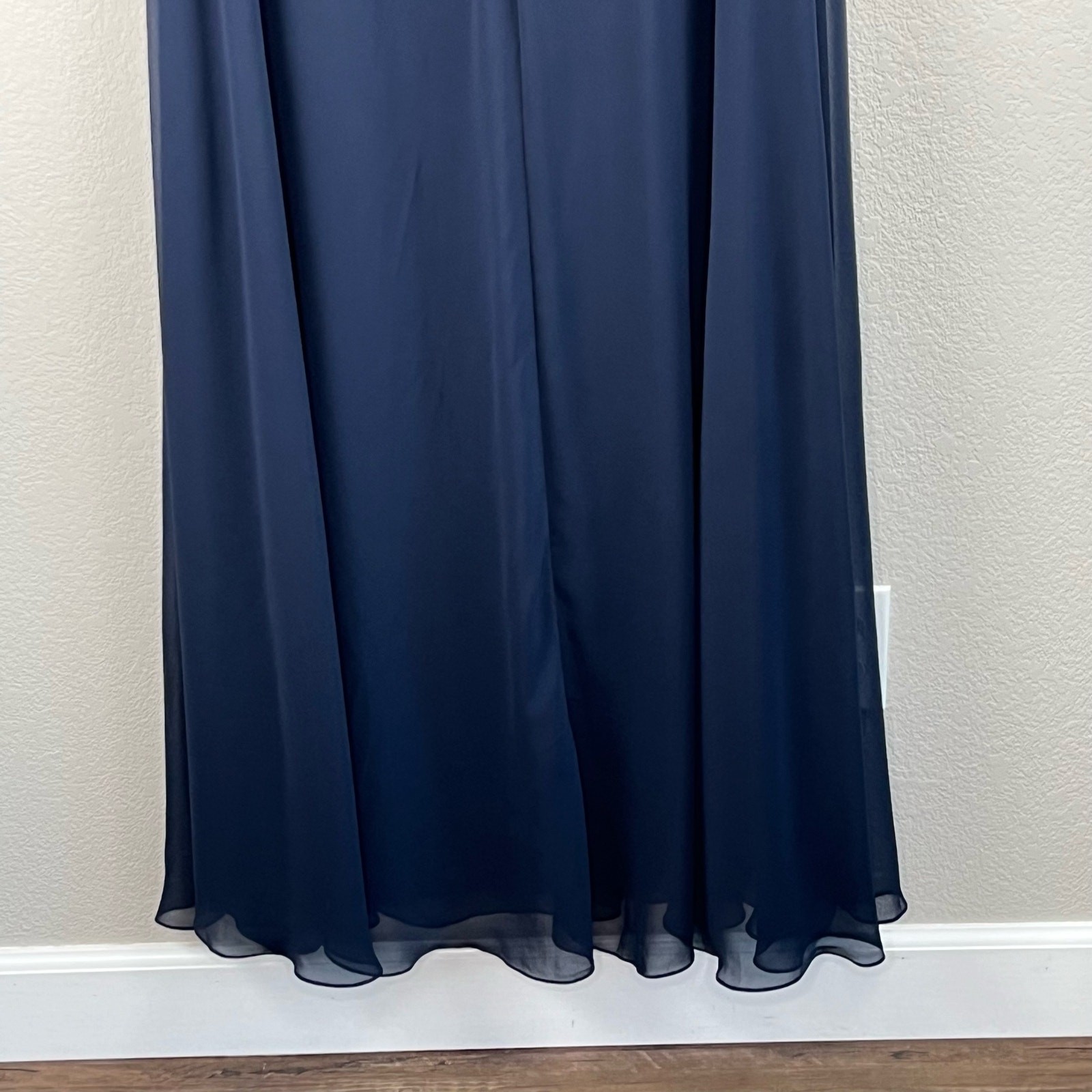 After Six Navy Lux Chiffon Gown Off Shoulder Formal Maxi 4 Prom Wedding NWOT