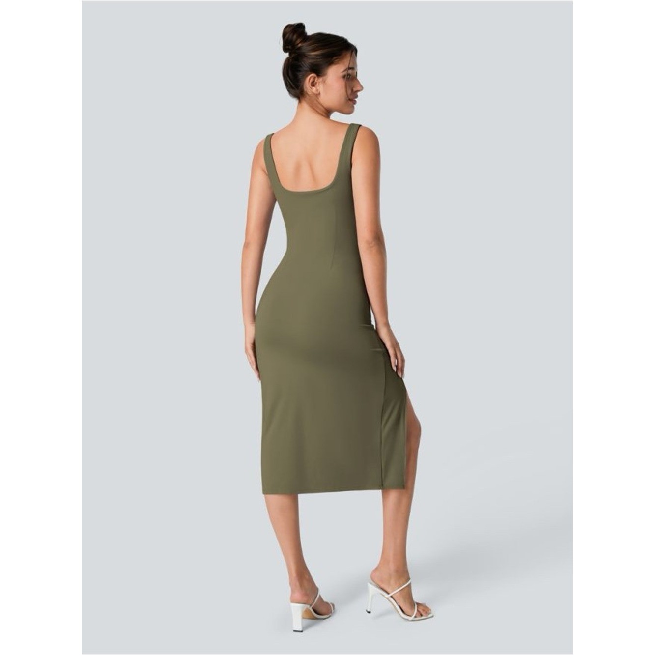 Halara SoftlyZero Airy Backless Corset Ruched Split Midi Dress Olive XS
