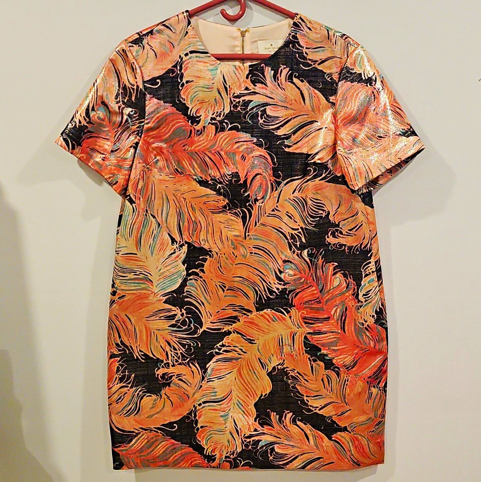 kate spade new york Peach/Black Abstract Round Neck Short Sleeve Shift Dress 12
