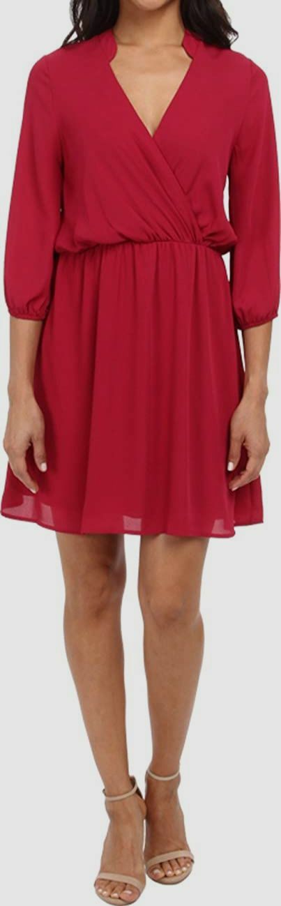 $384 Brigitte Bailey Women’s Red 3/4-Sleeve V-Neck Ruffle Shift Dress Size L